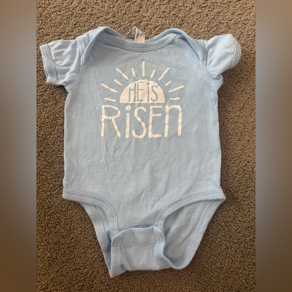 Blue Baby 6 Month Onesie - "He Is Risen" Design Easter Light Blue Christian